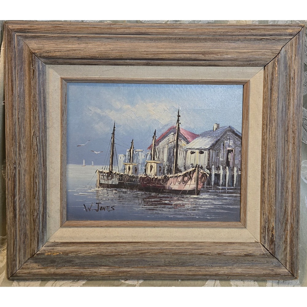 W Jones Original Oil Painting Harbor Scene Fishing Boats Rustic Wood Frame 8x10
